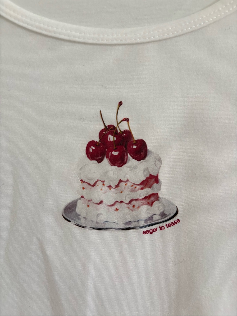 White Crop Top with Cherry Cake Graphic